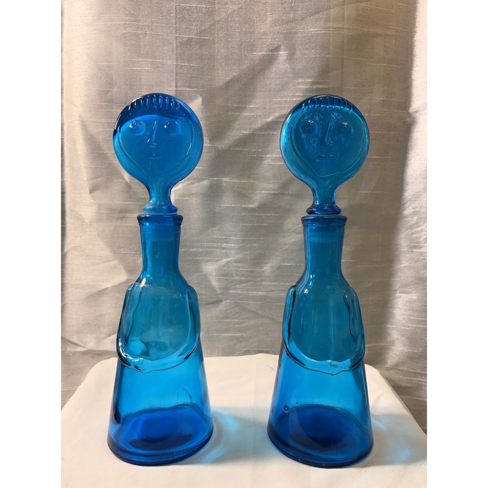 Vintage Erik Höglund Boda Blue Glass People Decanters Face Stoppers Pair MCM